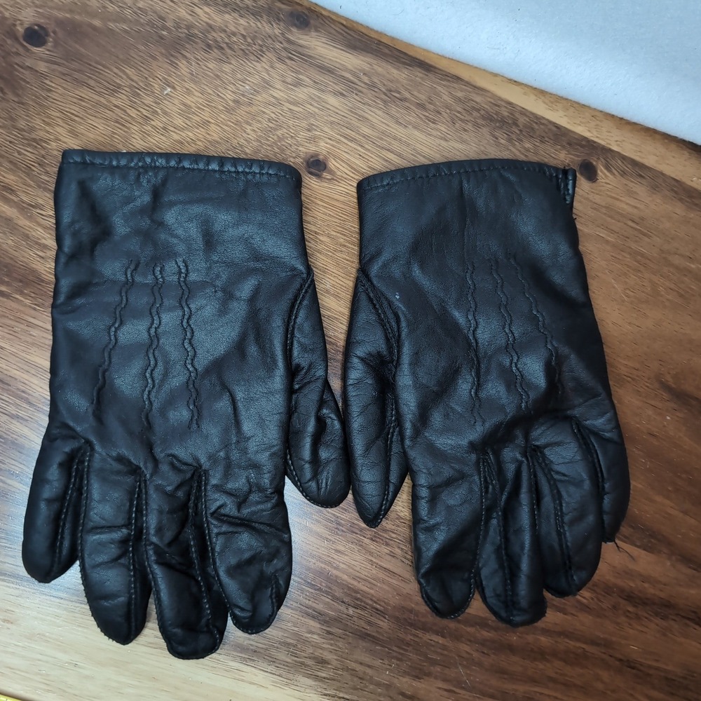 Vintage Black Cowhide Leather Gloves Rabbit Fur Lined Size Large Korea Cold Wear